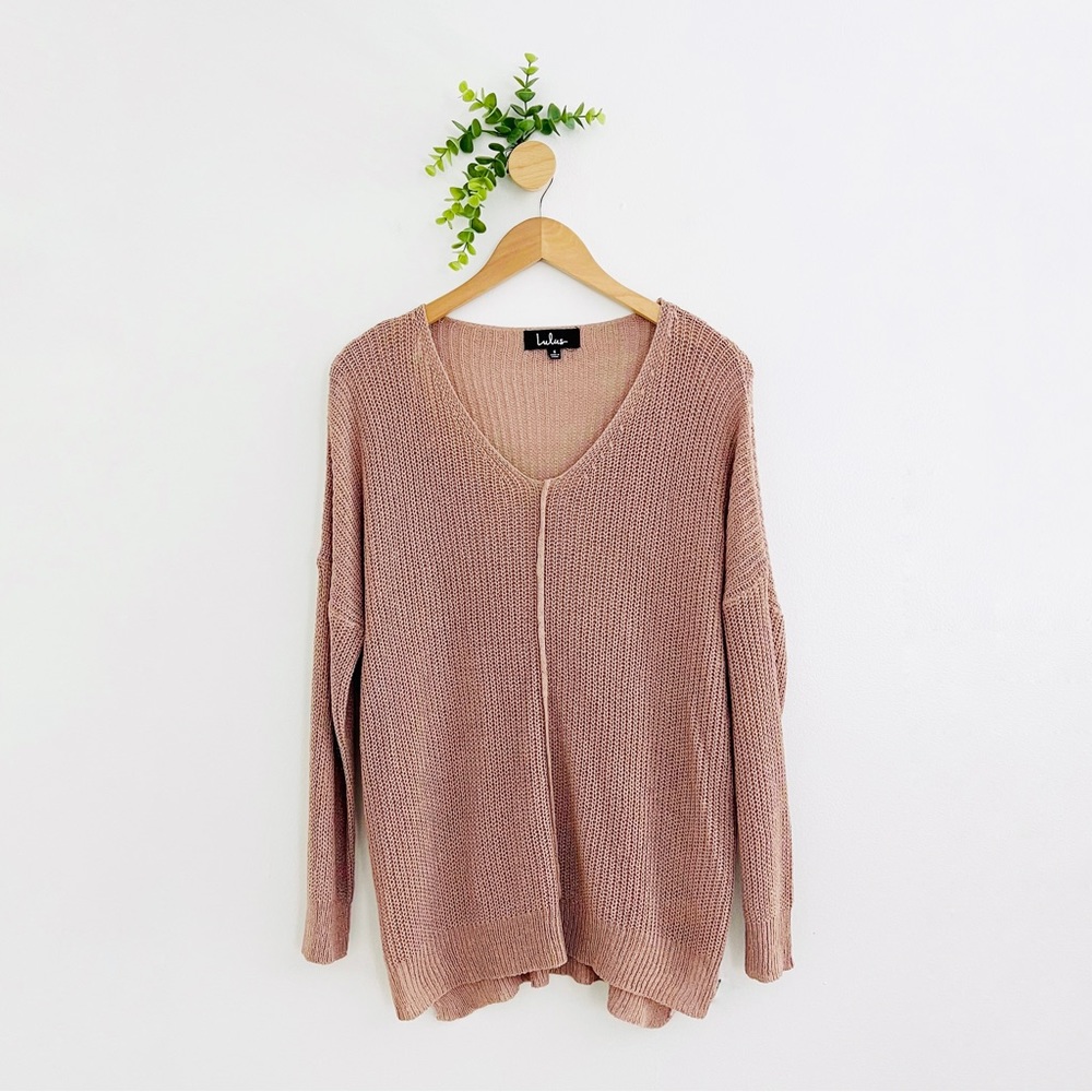 Lulus Dusty Rose Open Knit Oversized V-Neck Sweater